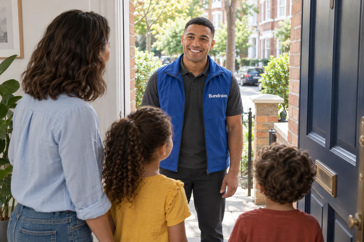 A smiling Bundravo driver waiting at the family's front door.