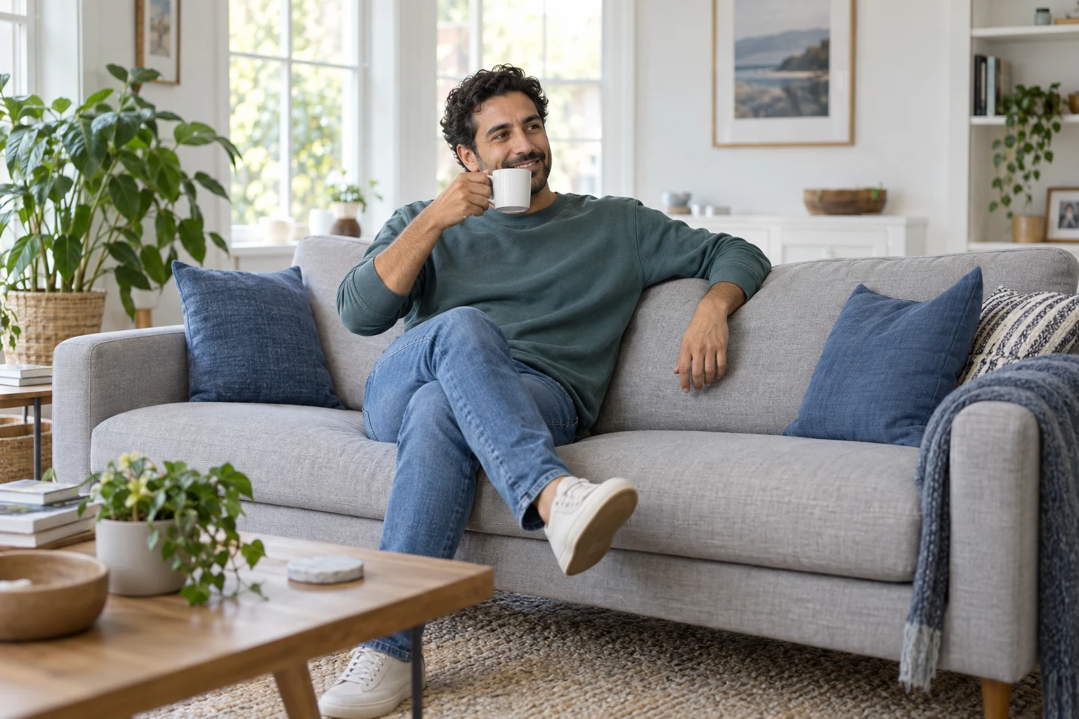 A father relaxing on his sofa with a cup of coffee.