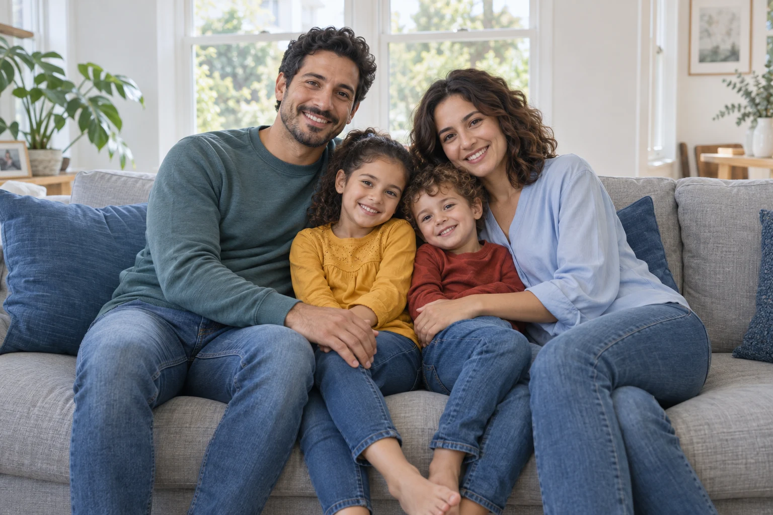 Parents cuddling their daughter and son on the sofa.