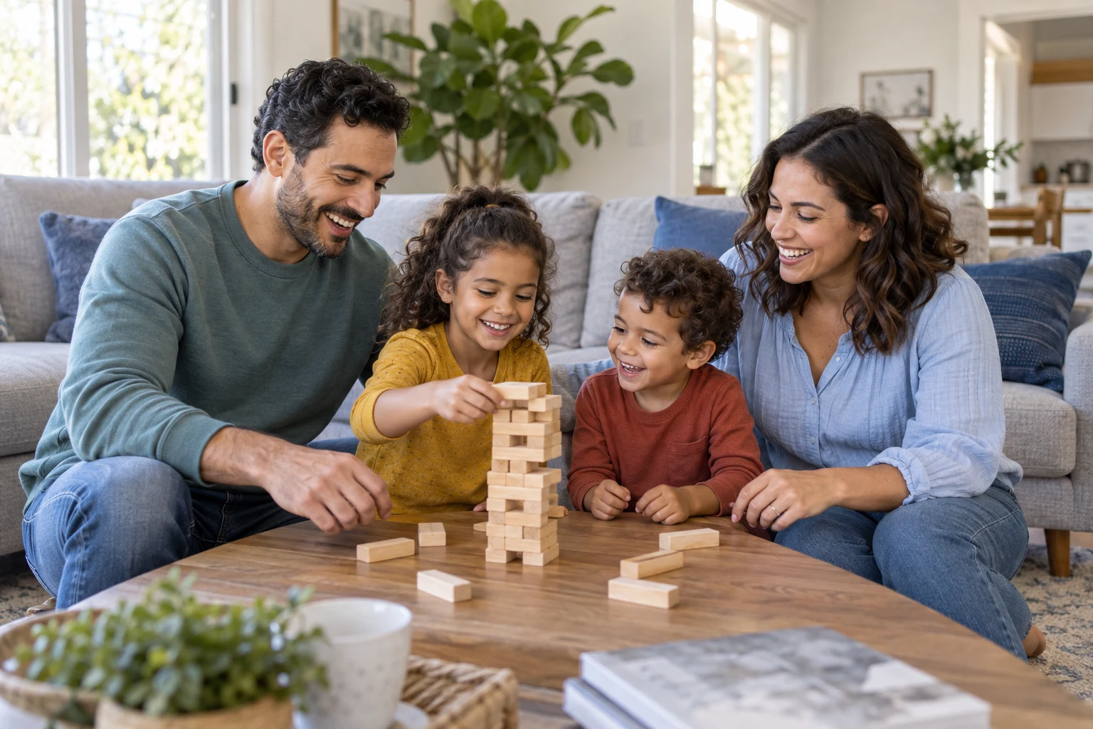 A family laughing over a game at home.