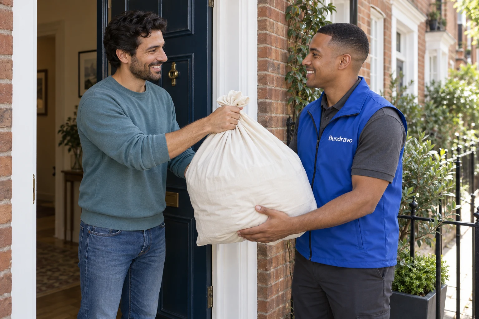 A father handing his laundry bag to the Bundravo driver.